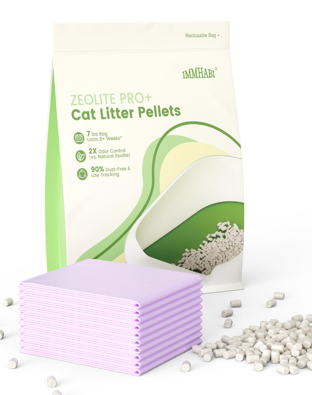 IMMHABI enhanced zeolite cat litter pellets 7lbs reduce tracking and keep litter area tidy.