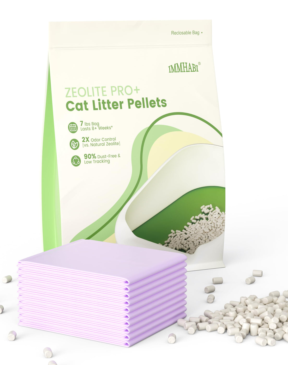 IMMHABI enhanced zeolite cat litter pellets 7lbs reduce tracking and keep litter area tidy.