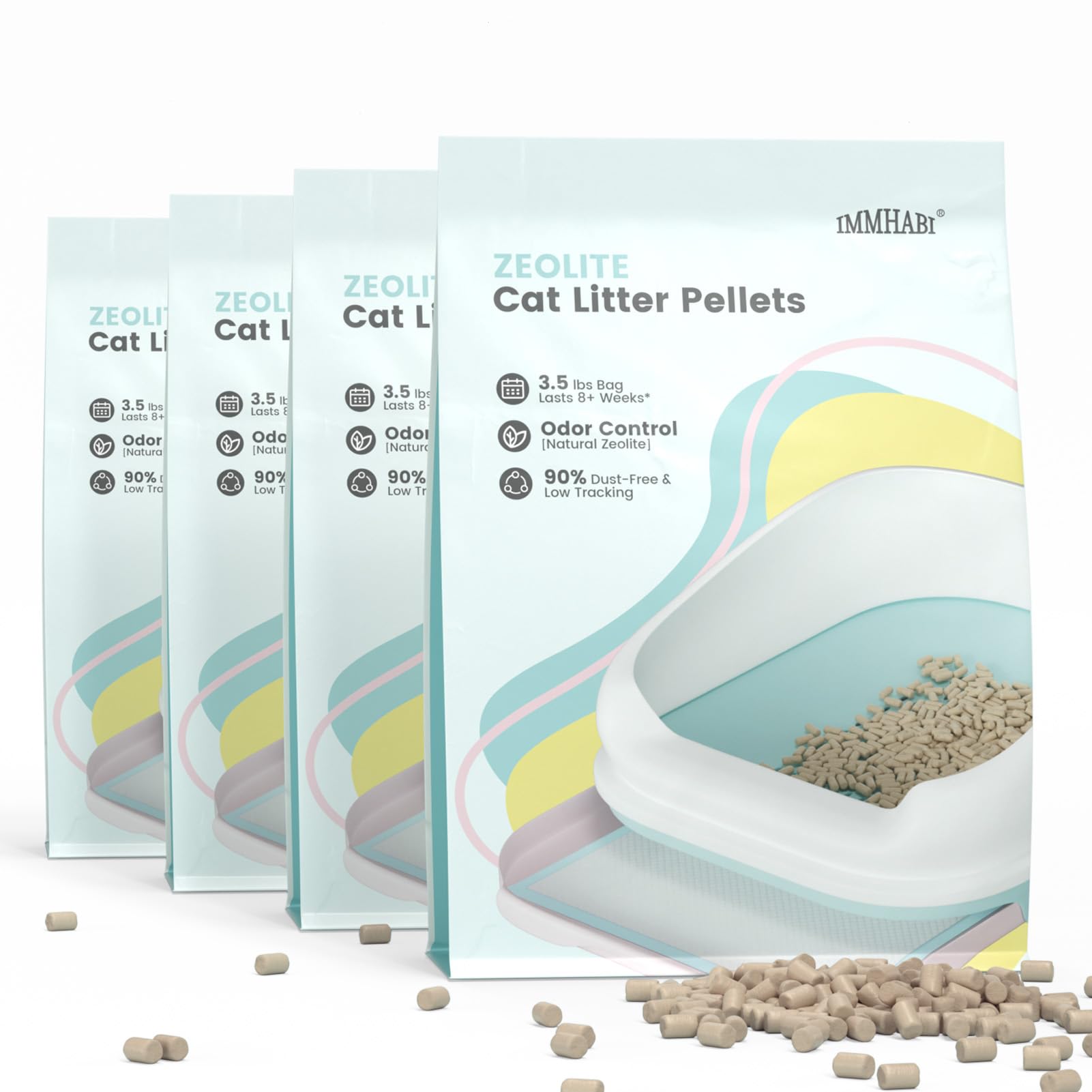 IMMHABI generic cat litter pellets 14lbs bag close-up showing natural zeolite odor absorption.