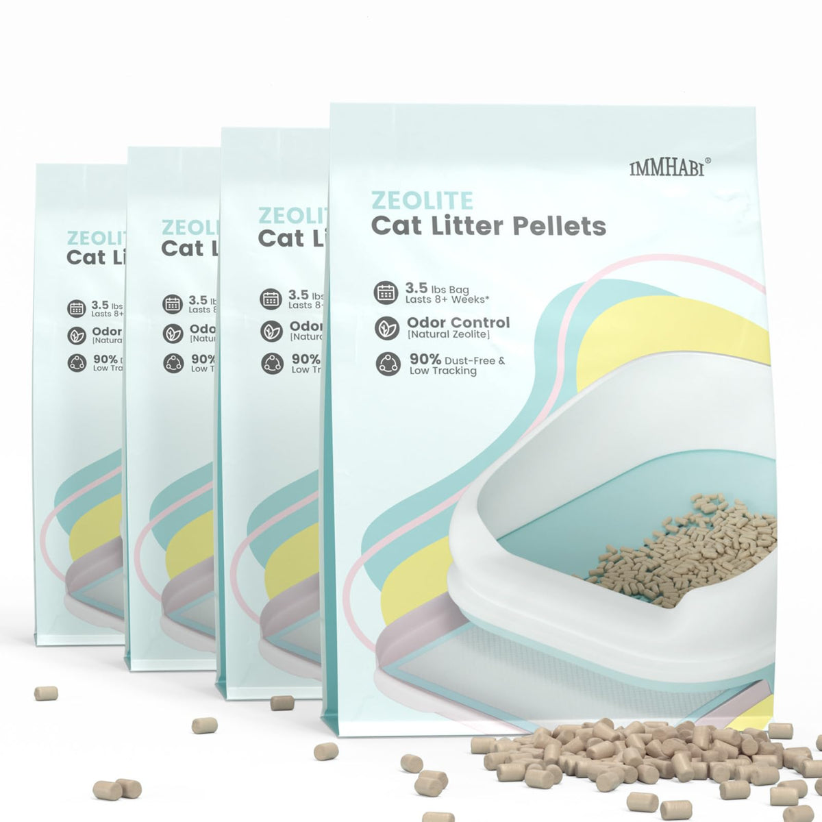 IMMHABI generic cat litter pellets 14lbs bag close-up showing natural zeolite odor absorption.