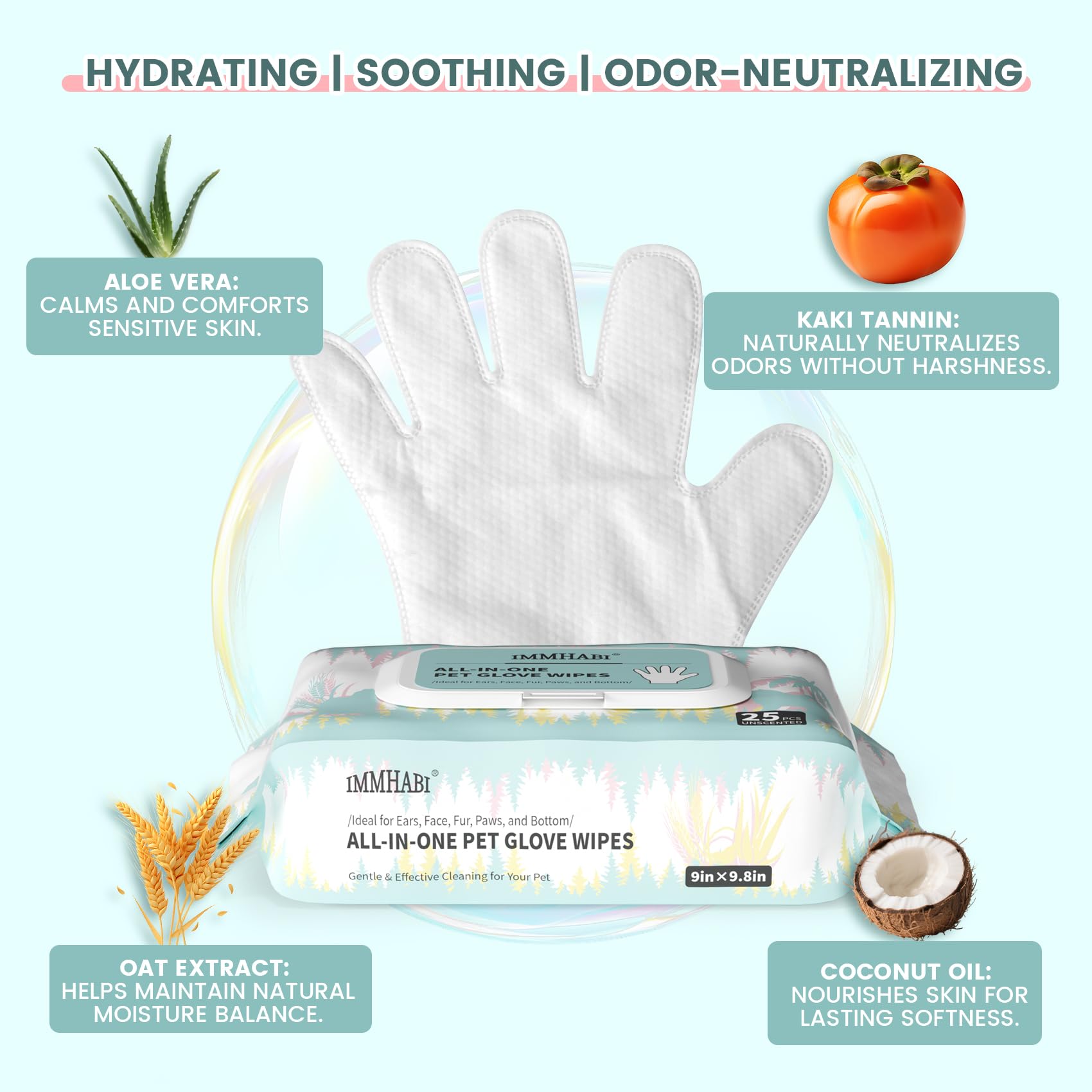 IMMHABI Pet Glove Wipes unscented formula supports sensitive skin and odor control.