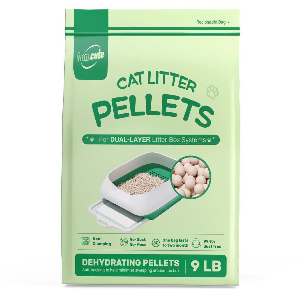 IMMCUTE cat litter pellets 9lb bag for long-lasting odor control.