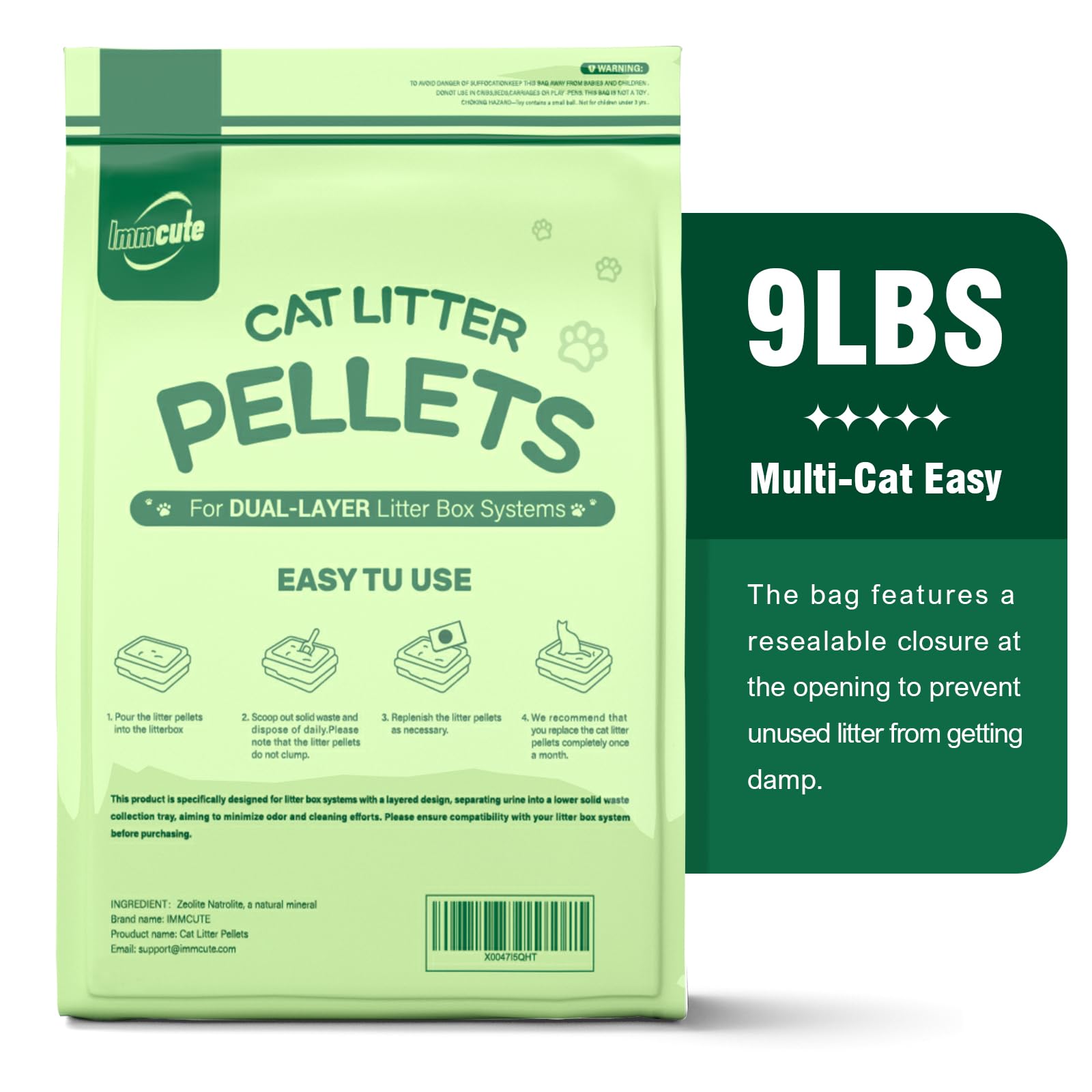 IMMCUTE dust-free pellets reduce airborne dust during handling.