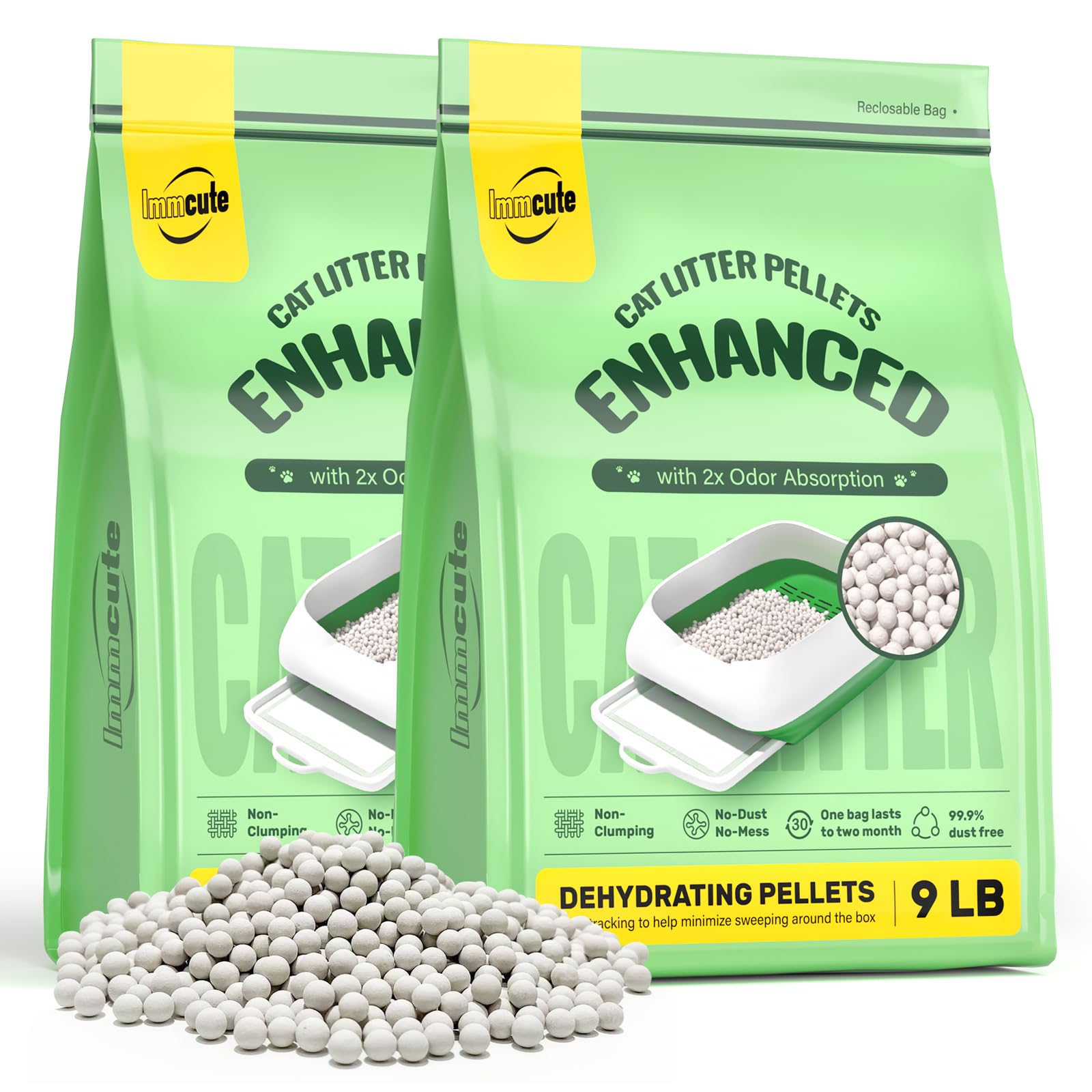 IMMCUTE enhanced cat litter pellets with 7mm spheres reducing tracking and cushioning paws.