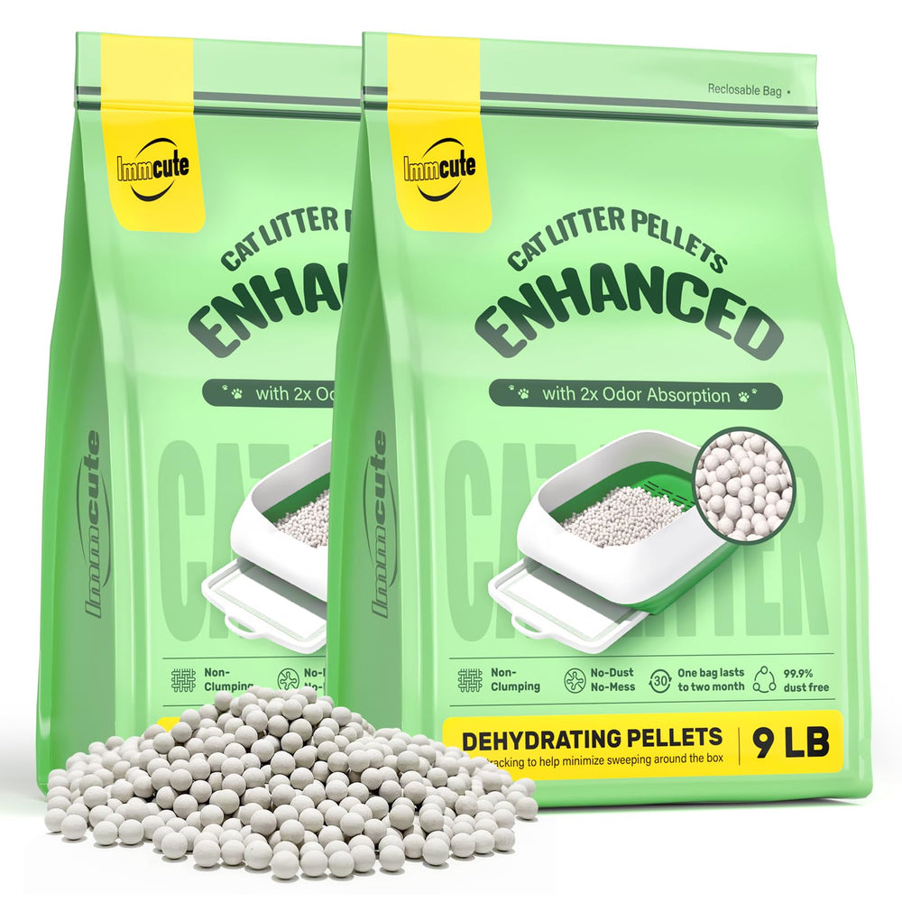 IMMCUTE enhanced cat litter pellets with 7mm spheres reducing tracking and cushioning paws.