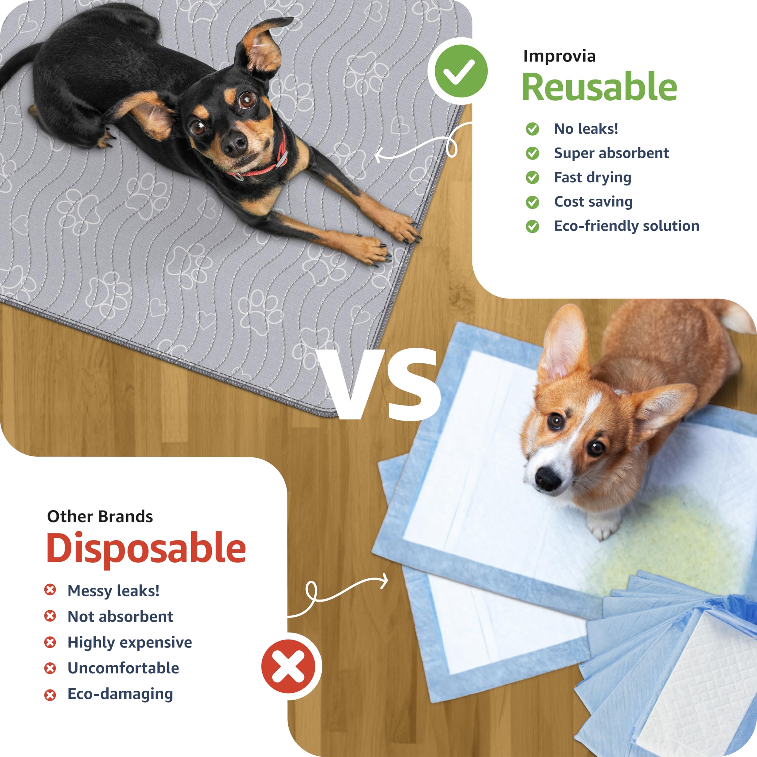 IMPROVIA leakproof dog pad blocking spills from reaching floors.