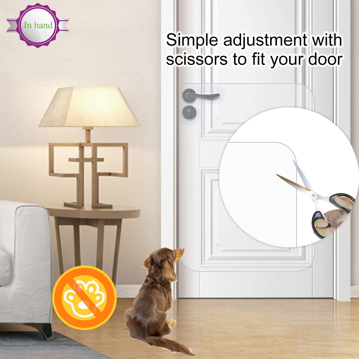 In hand transparent scratch shield on a door blends with decor