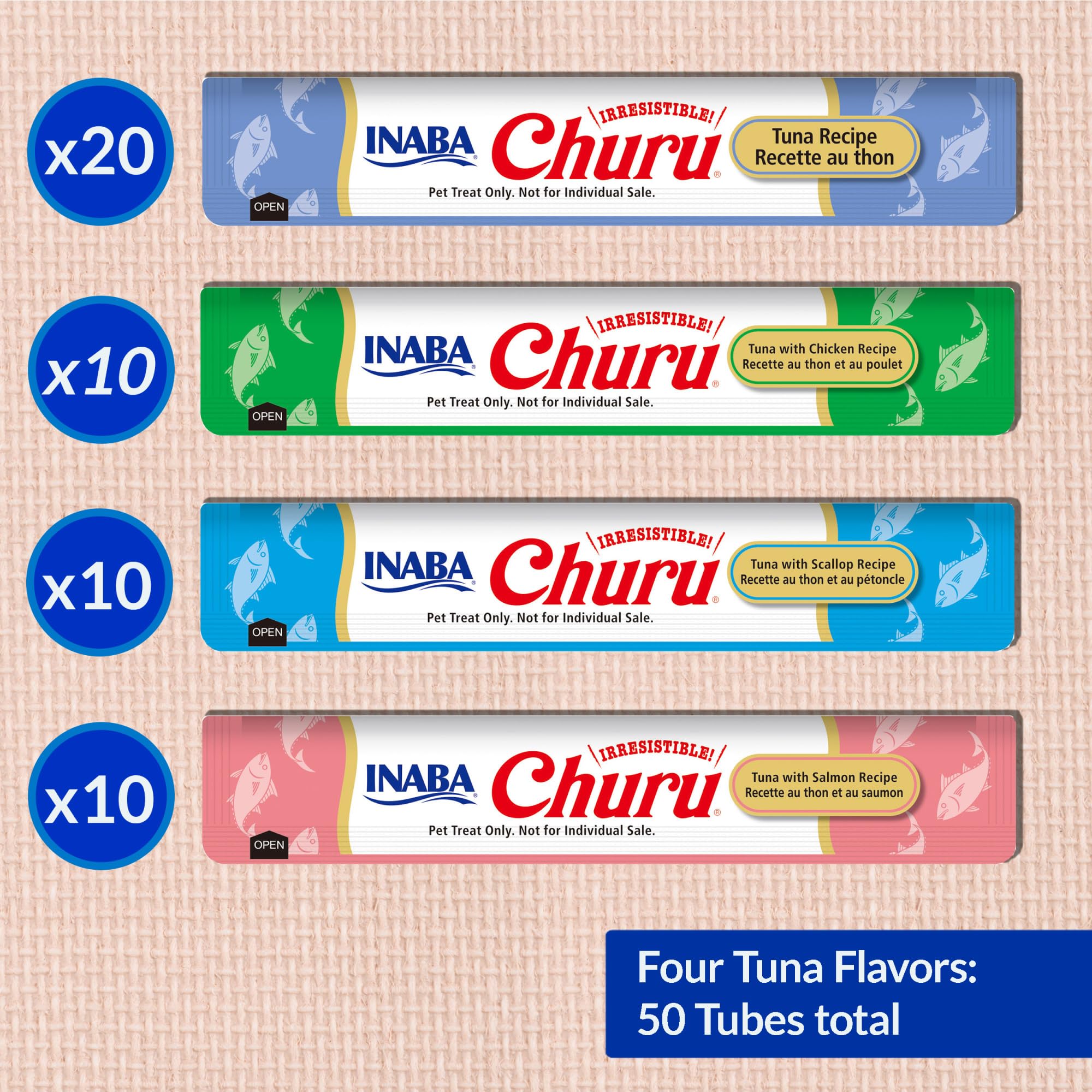 INABA Churu 50-tubes pack-front conveys convenient, high-moisture cat treat packaging.