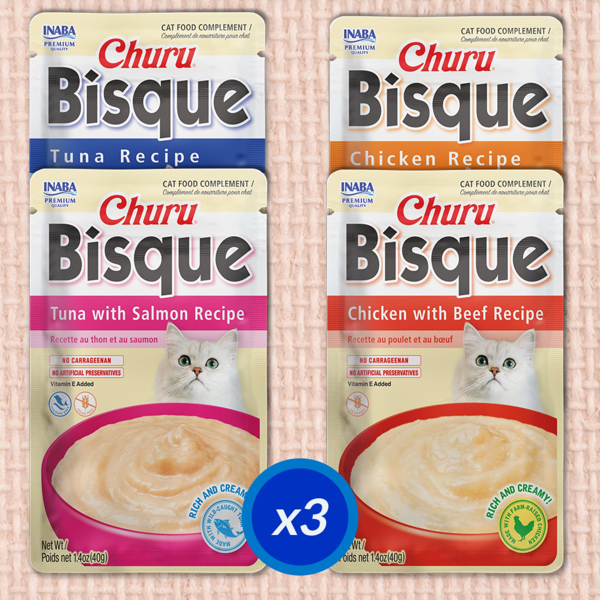 INABA Churu Bisque grain-free label signals no artificial additives