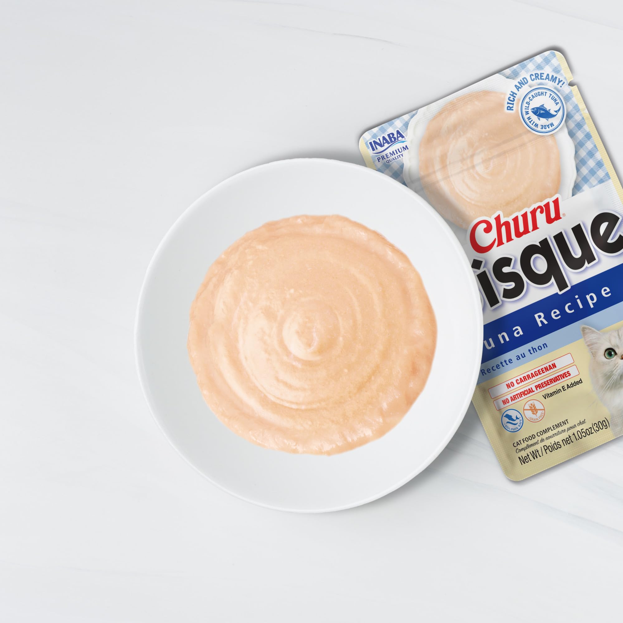 INABA Churu Bisque Chicken pouch; tasty fiber-rich side dish.