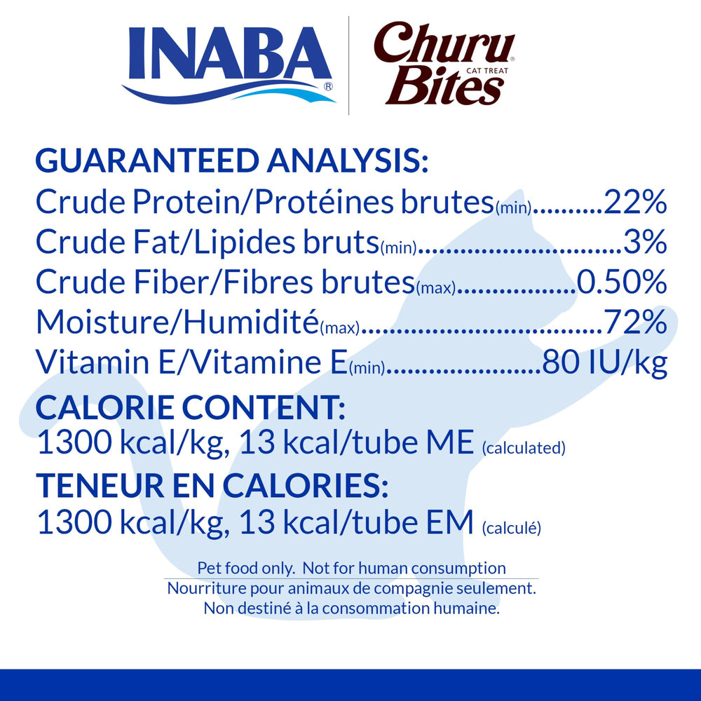INABA Churu Bites Tuna Recipe ingredient panel highlights grain-free and preservative-free formula