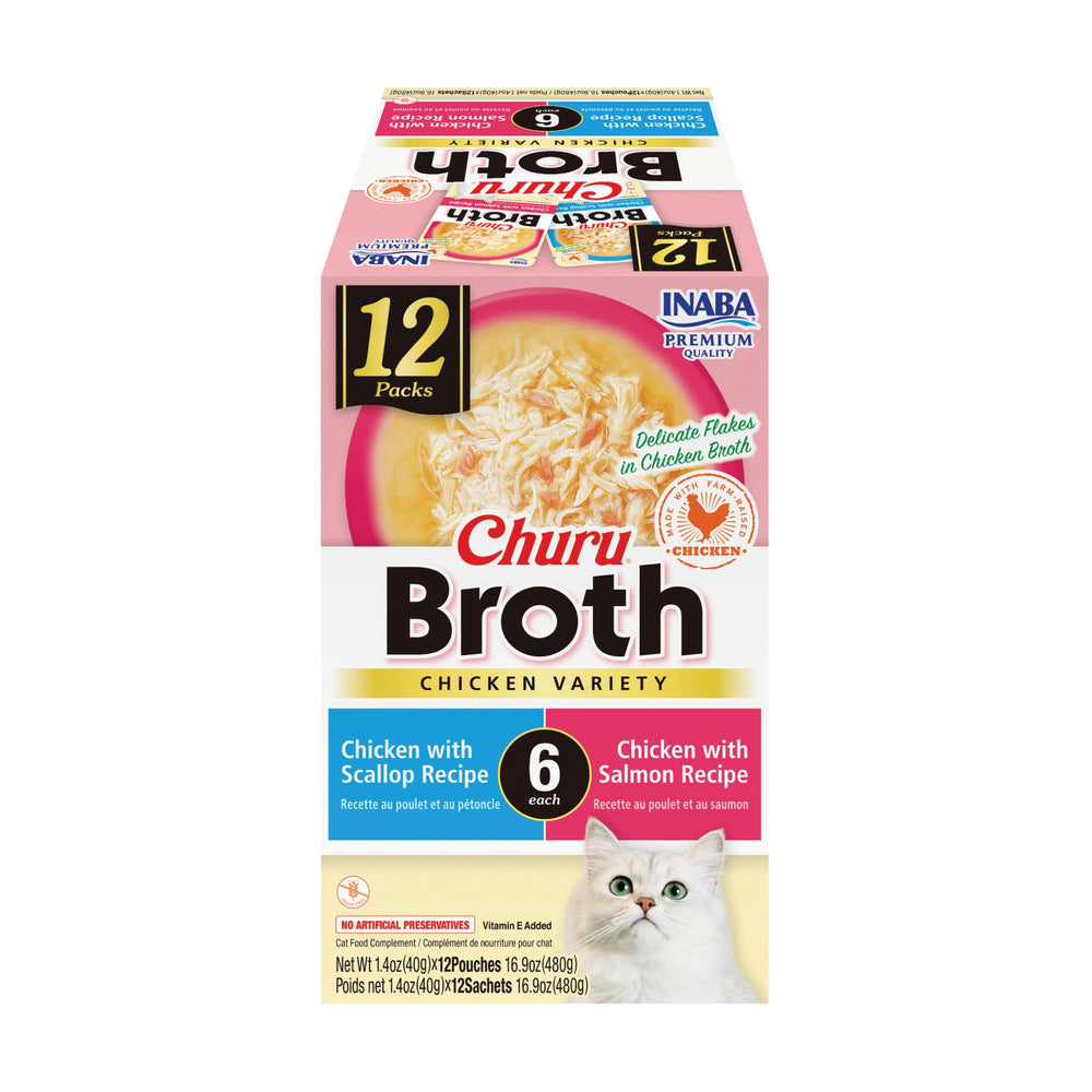 INABA Churu broth toppers with chicken flakes add flavor and moisture to meals.