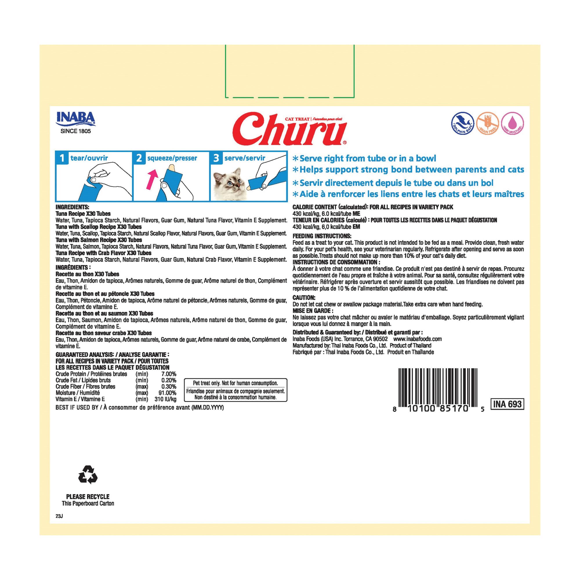 INABA Churu cat snack hydration in 0.5 oz tubes for easy serving.