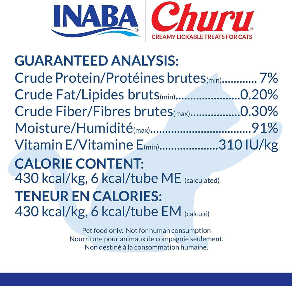 INABA Churu chicken-tube label emphasizes grain-free, preservative-free formula.