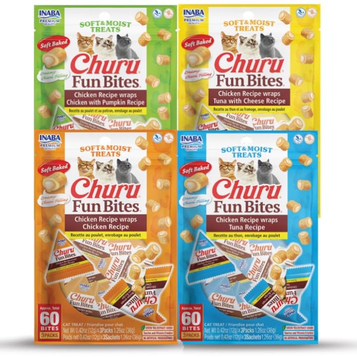 INABA Churu Fun Bites chicken-wrap soft bites showcase tender texture and low-calorie treat option.