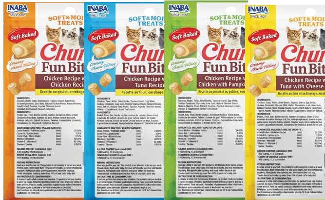 INABA Churu Fun Bites center-filled treats highlight creamy center for hand-feeding and pill hiding.