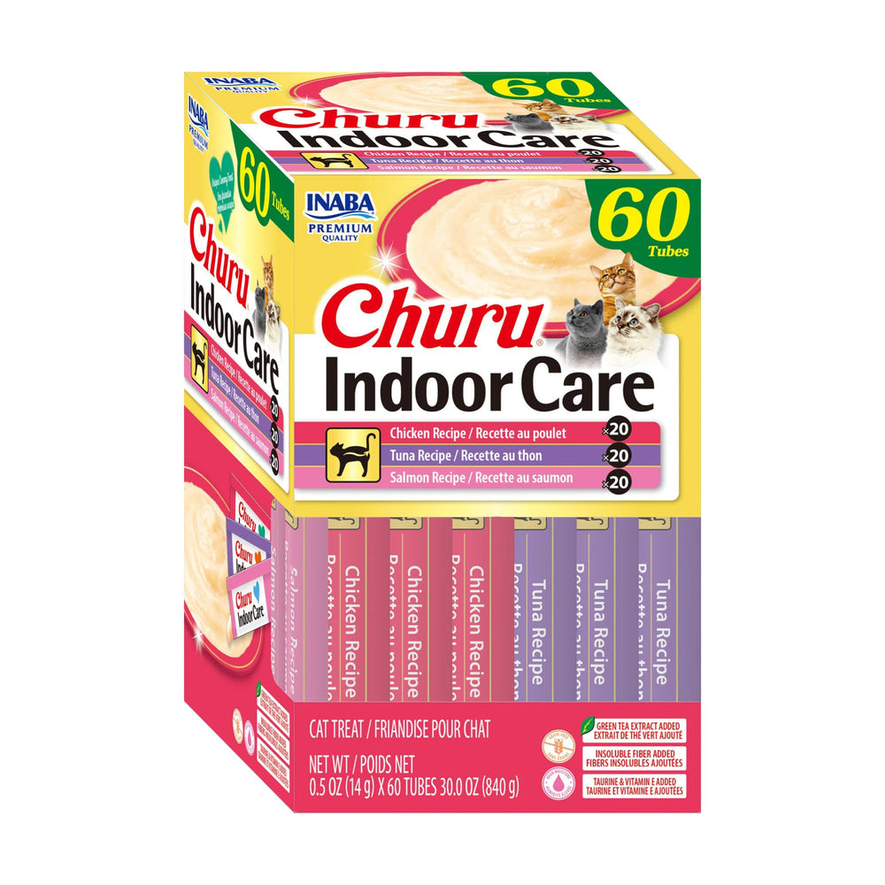 INABA Churu Indoor Care hairball balance tubes show a creamy lickable treat aiding digestion