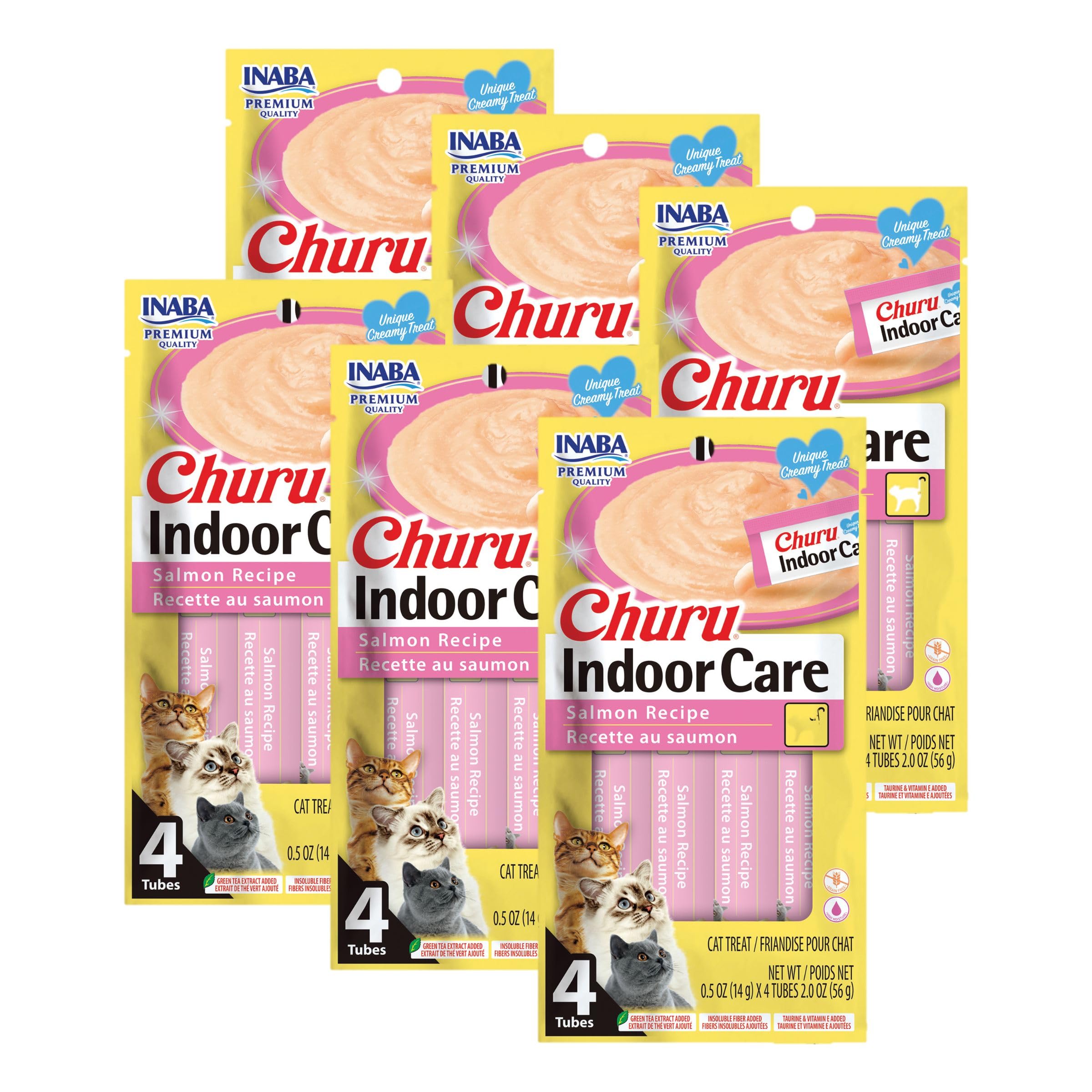 Inaba Churu Indoor Care Salmon tube, creamy lickable purée for hairball support and hydration.
