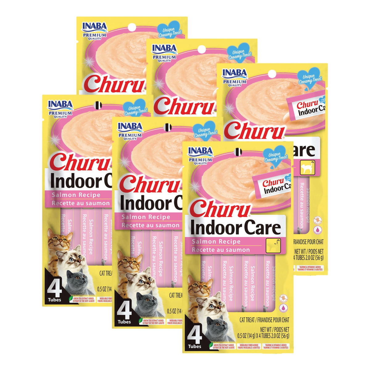 Inaba Churu Indoor Care Salmon tube, creamy lickable purée for hairball support and hydration.