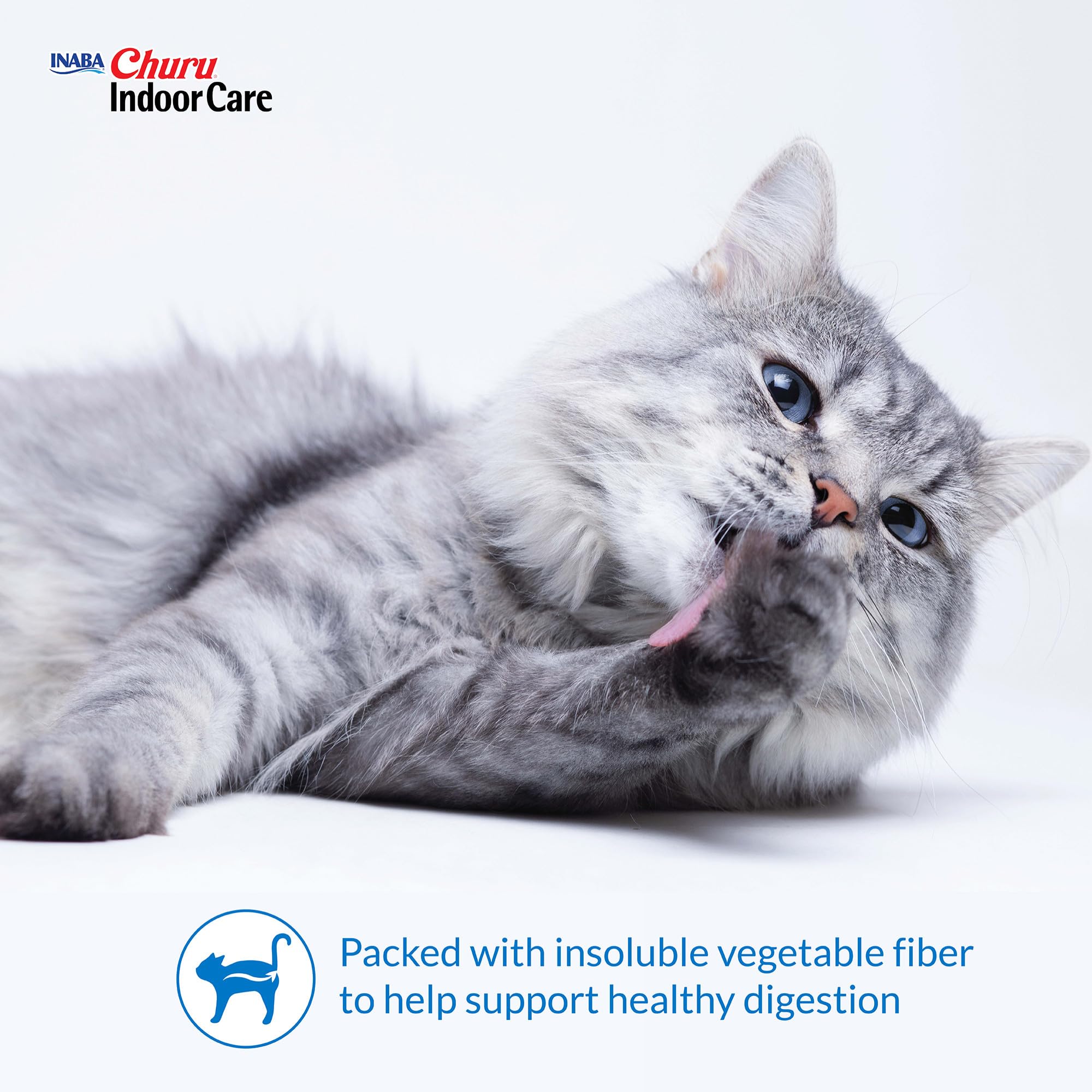 INABA Churu Indoor Care hand-feeding cat scene promoting bonding during treat time.