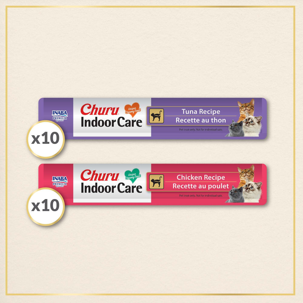 Disguises medications with INABA Churu Indoor Care tuna tubes for easier dosing.