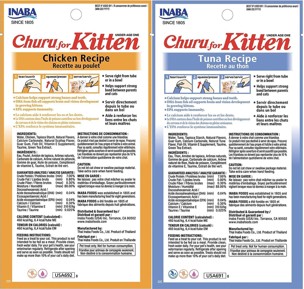 INABA Churu kitten puree tubes reveal grain-free treat for kittens' meals.