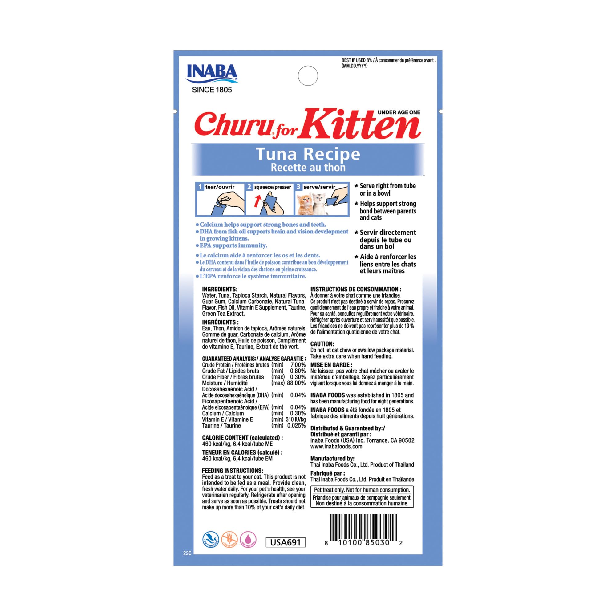INABA Churu tuna packaging shows ingredients and feeding options