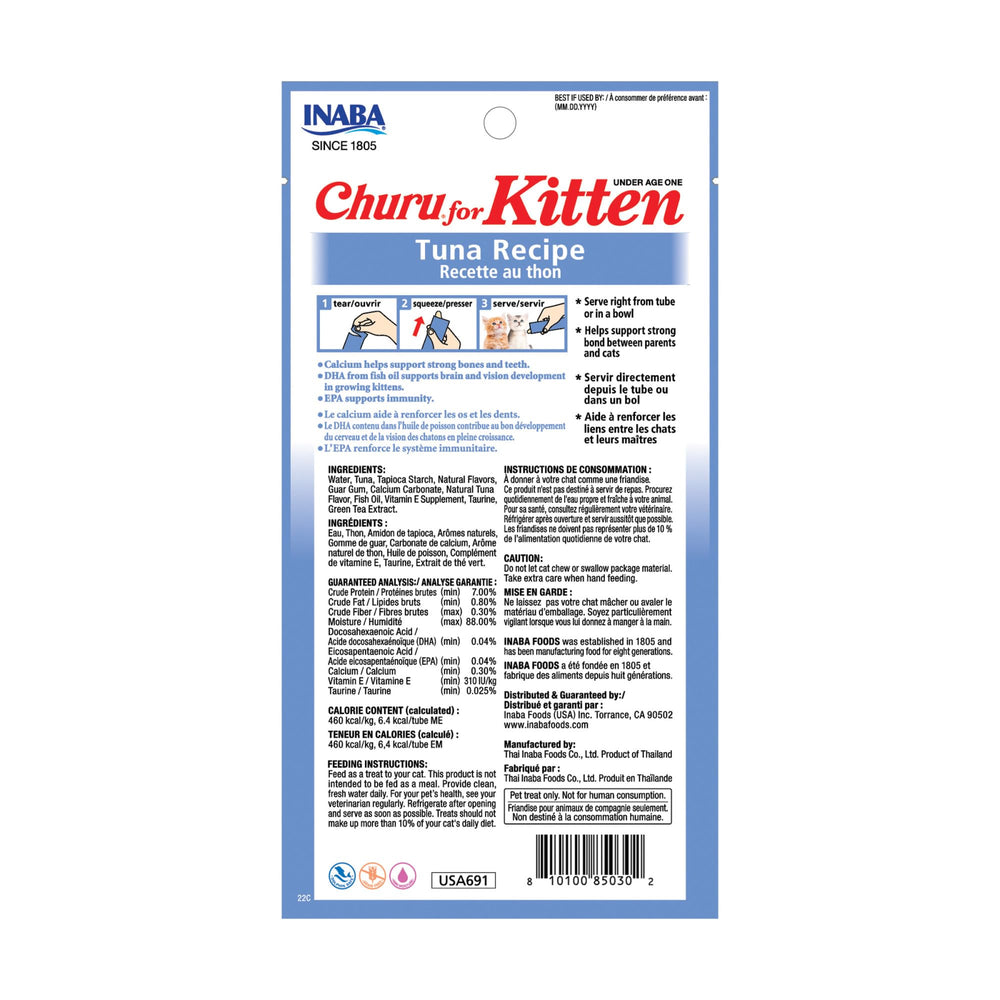 INABA Churu tuna packaging shows ingredients and feeding options