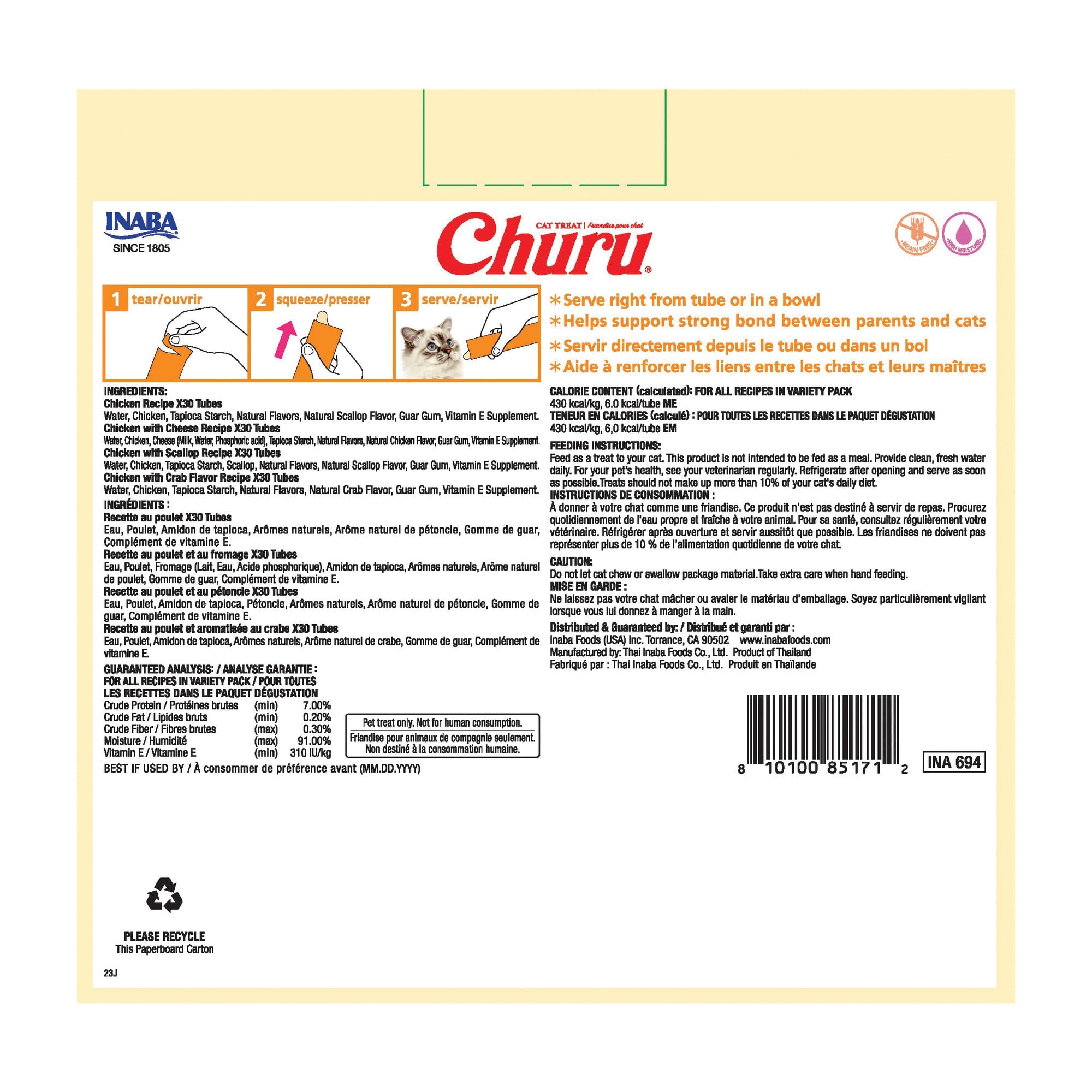 INABA Churu moisture-rich snack stands out for hydration with low calories.