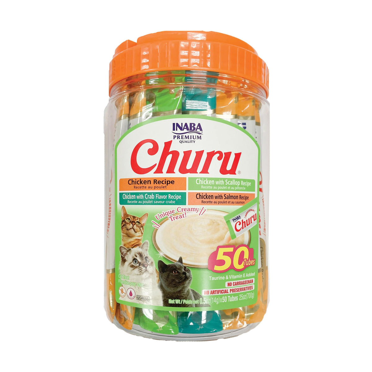 INABA Churu packaging with 50 tubes for easy feeding at home