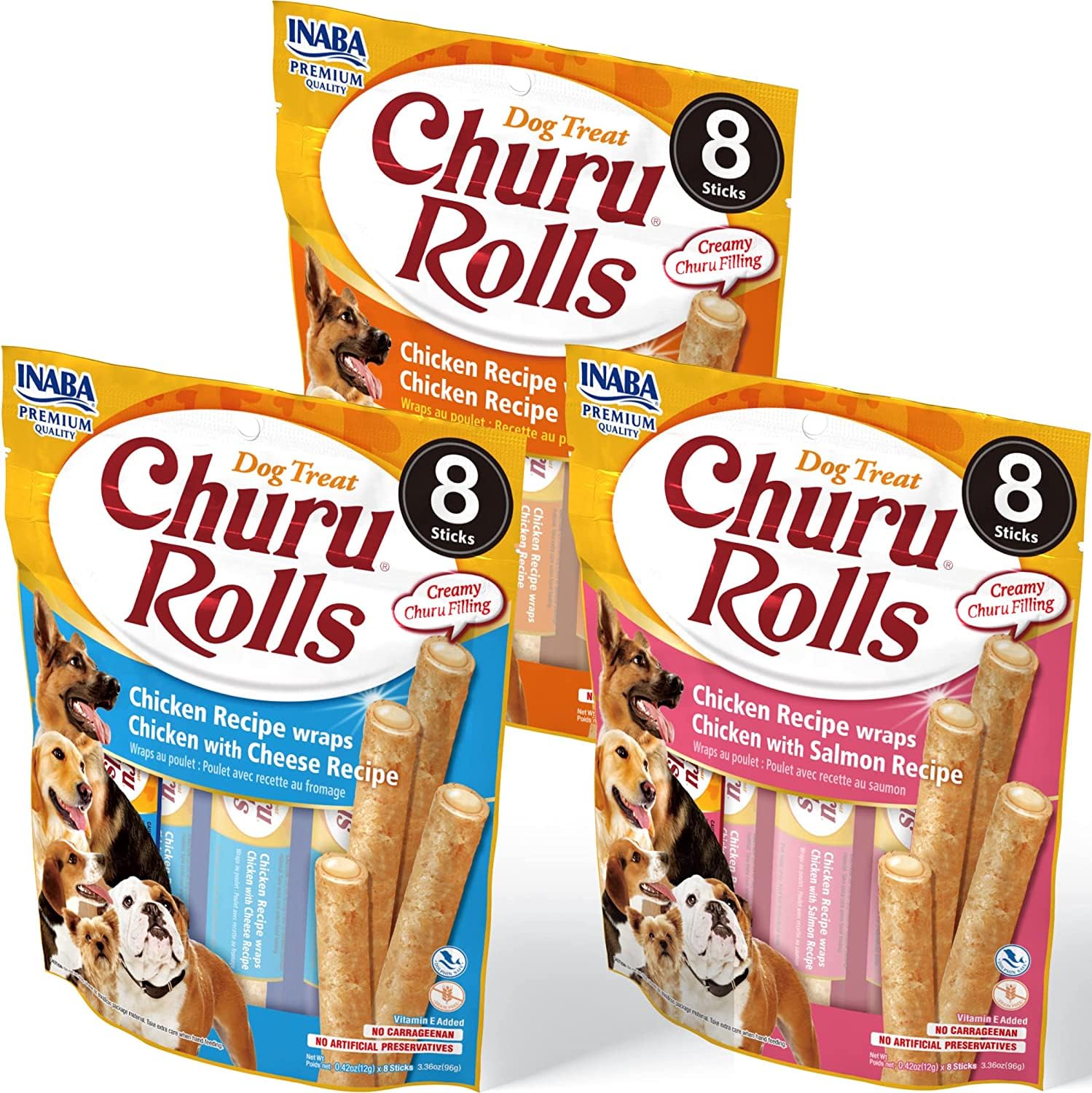 INABA Churu Rolls with baked chicken wrap, a tasty training treat for dogs.