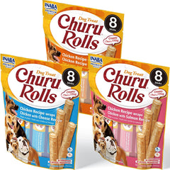 INABA Churu Rolls with baked chicken wrap, a tasty training treat for dogs.