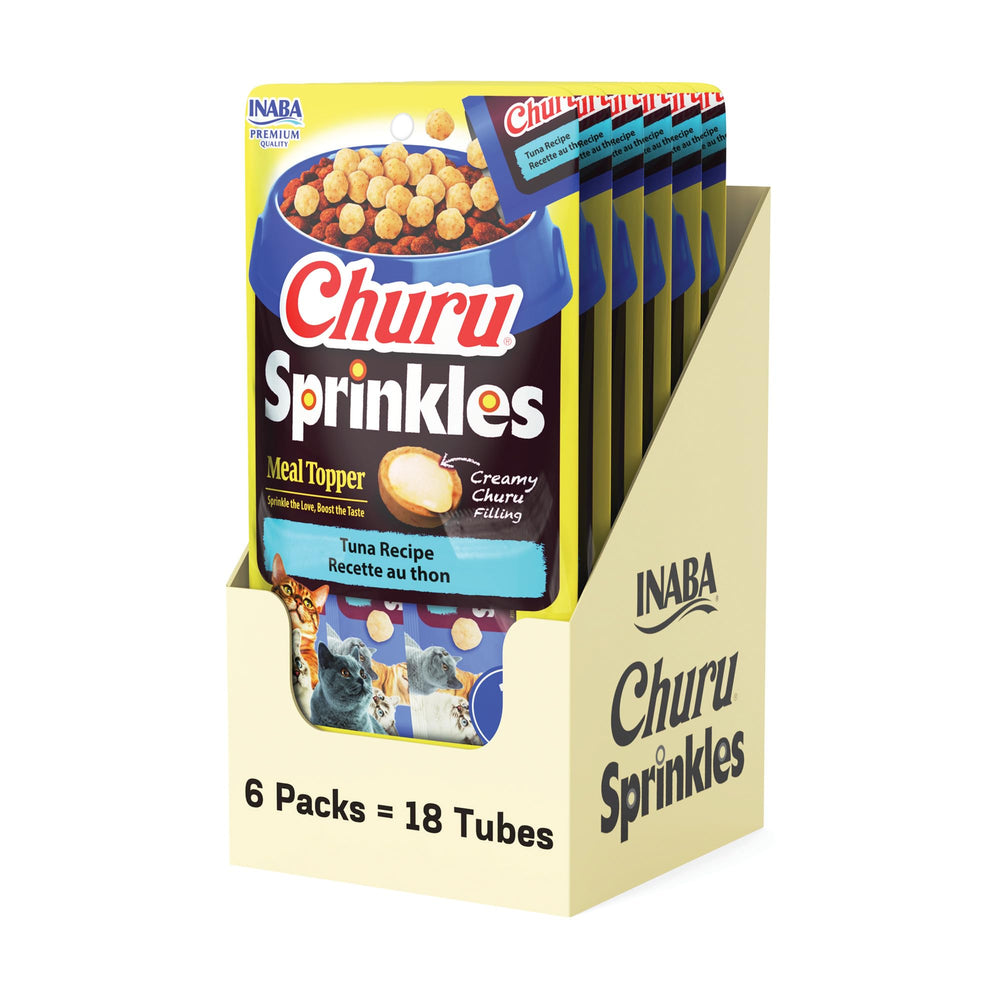 INABA Churu Sprinkles Tuna Recipe cat treats in a bowl for hydration and flavor.