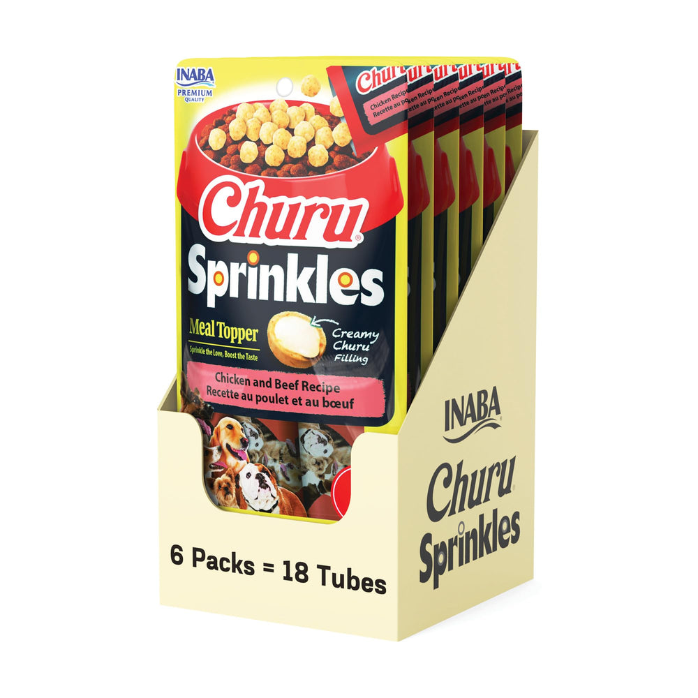 INABA Churu Sprinkles tube front for convenient dog meal enhancements.
