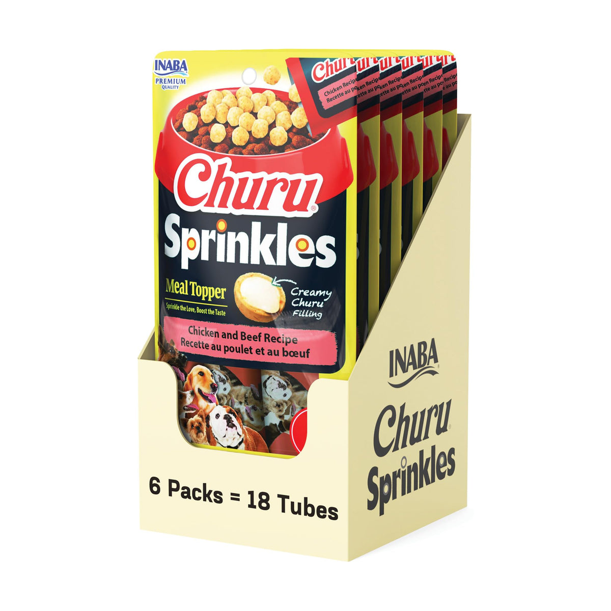 INABA Churu Sprinkles tube front for convenient dog meal enhancements.