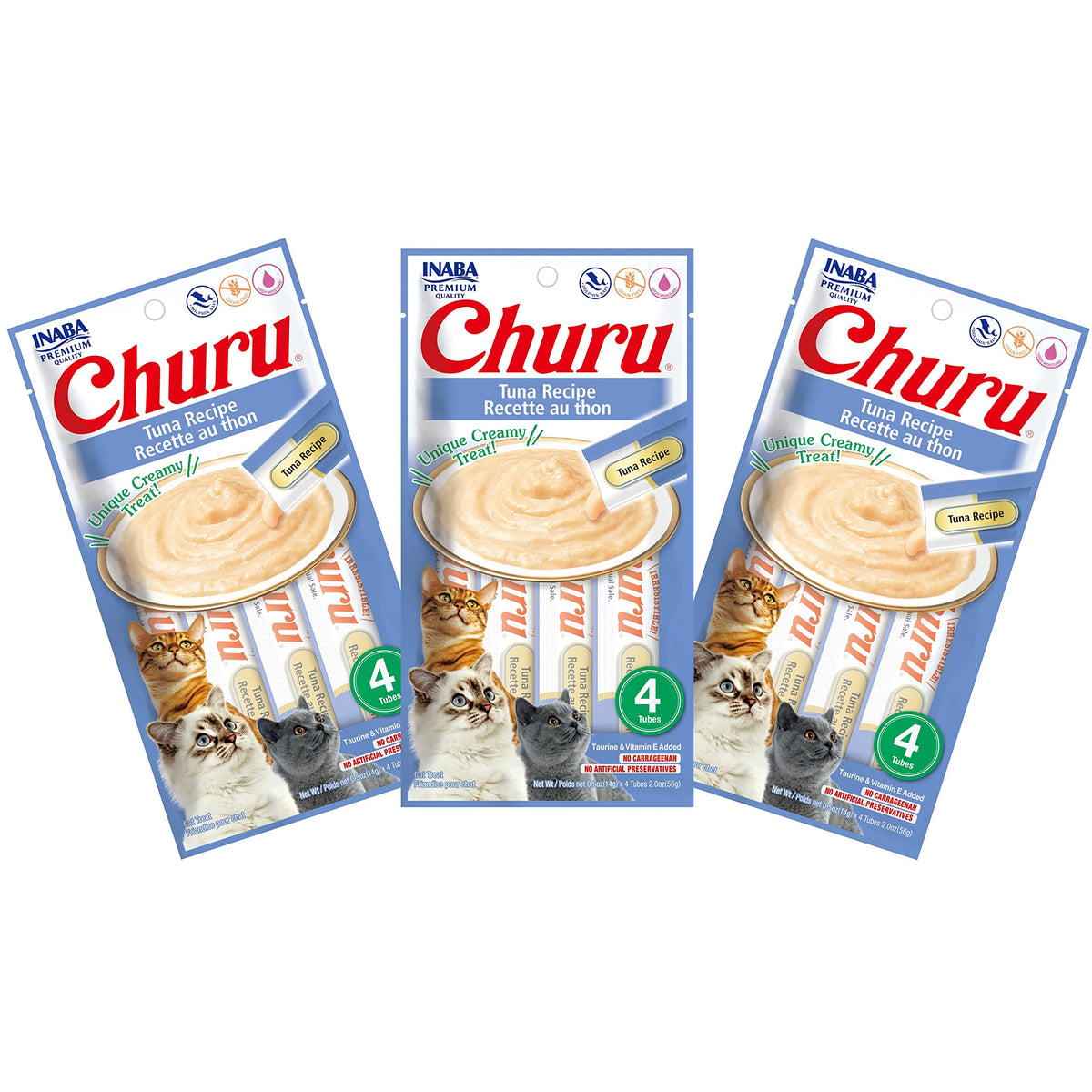 INABA Churu Tuna Purée tube open for easy hand feeding and reward.