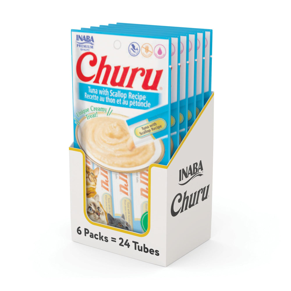 INABA Churu Tuna Scallop tube squeezed for a tasty lickable treat.