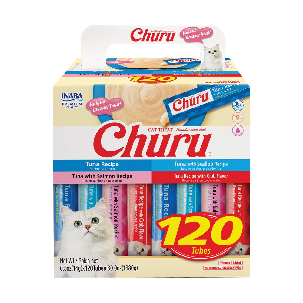 INABA Churu tuna tube close-up showing creamy, hydrating treat for cats.