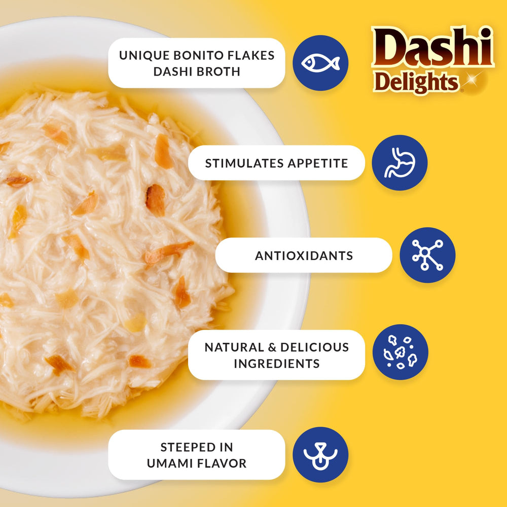 Inaba Dashi Delights variety pack front, eight flavors to explore for cats.