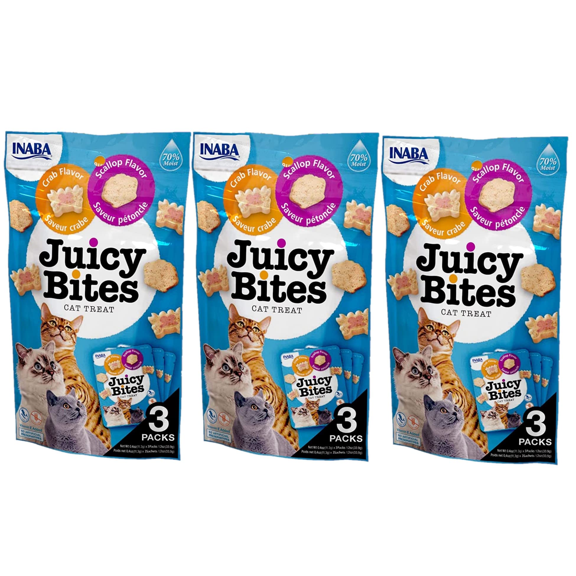 INABA Juicy Bites grain-free soft tuna and chicken treats in pouches for freshness.
