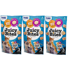 INABA Juicy Bites grain-free soft tuna and chicken treats in pouches for freshness.