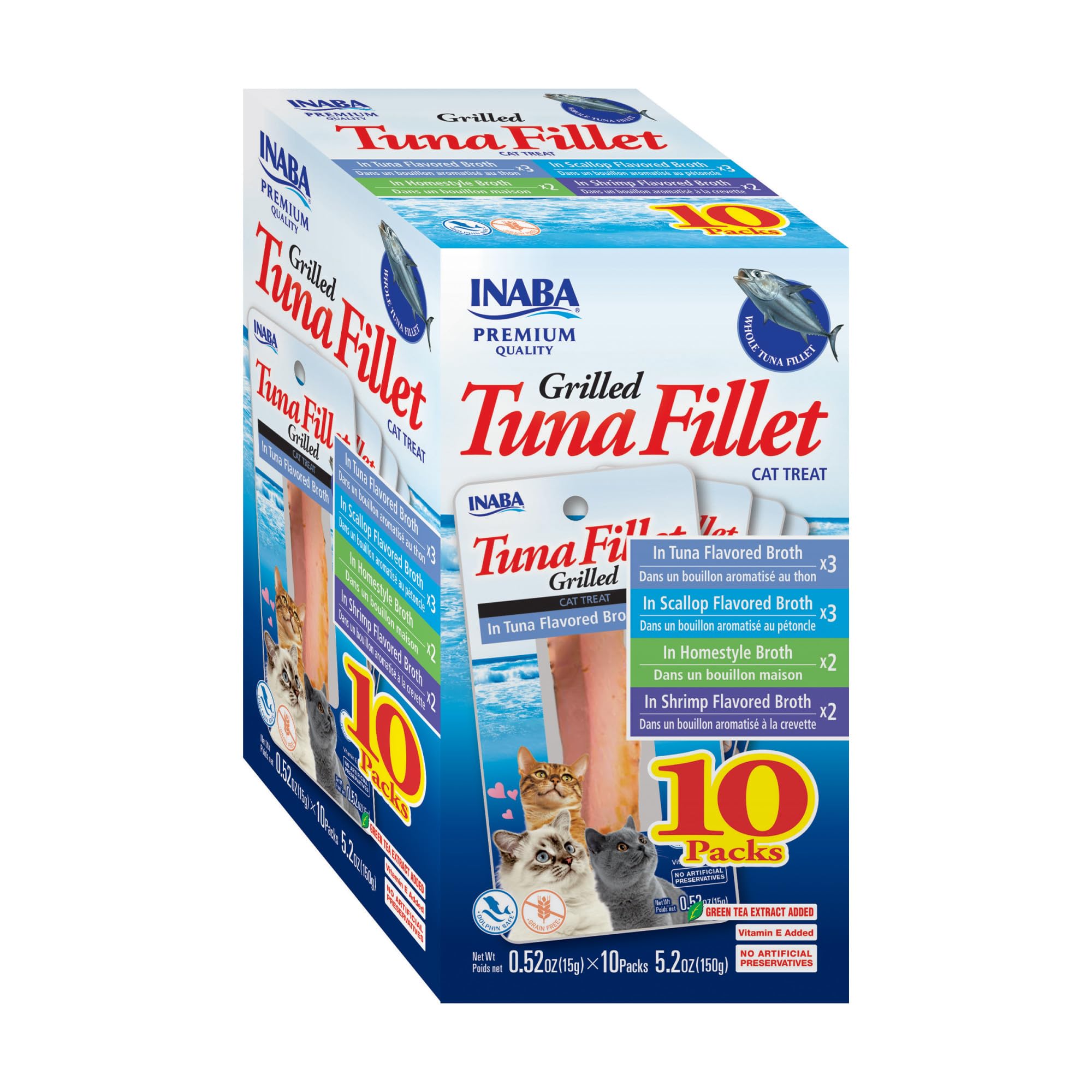 INABA Premium Grilled Tuna Fillet Treats variety box with moist, flavorful pieces for cats.