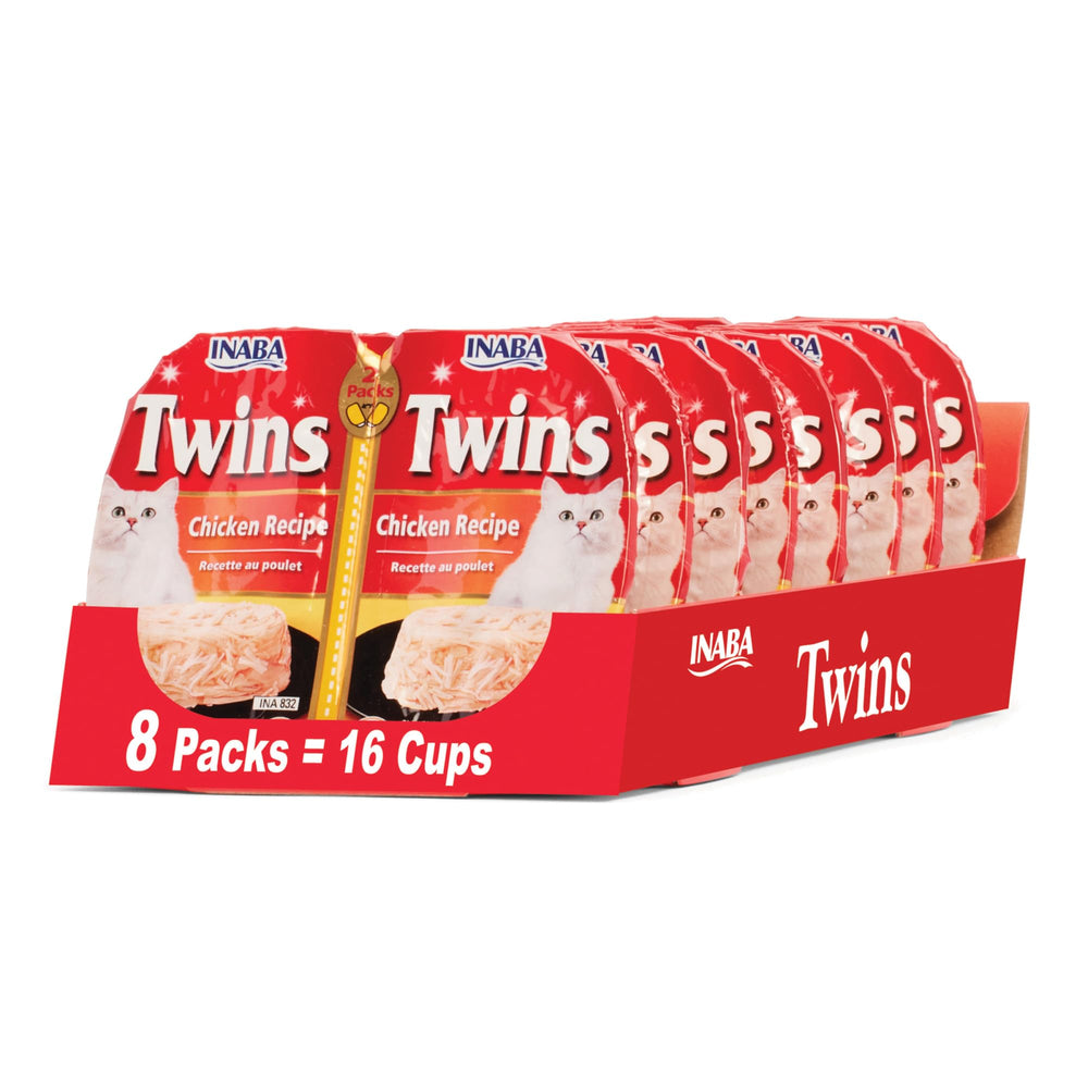 INABA Twins chicken recipe cups show shredded chicken in gelée broth for a tasty topper