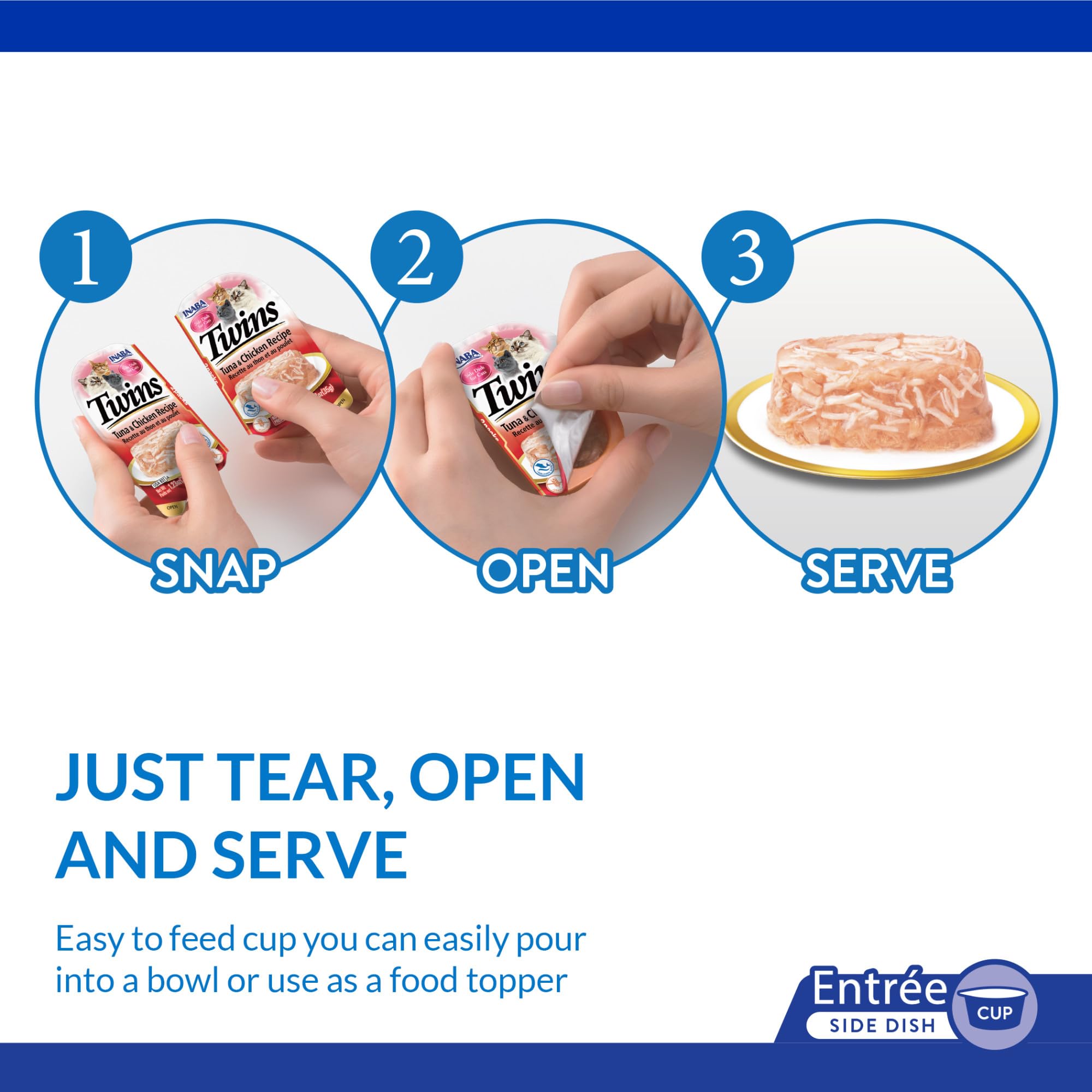Serving topper on wet cat food with INABA Twins