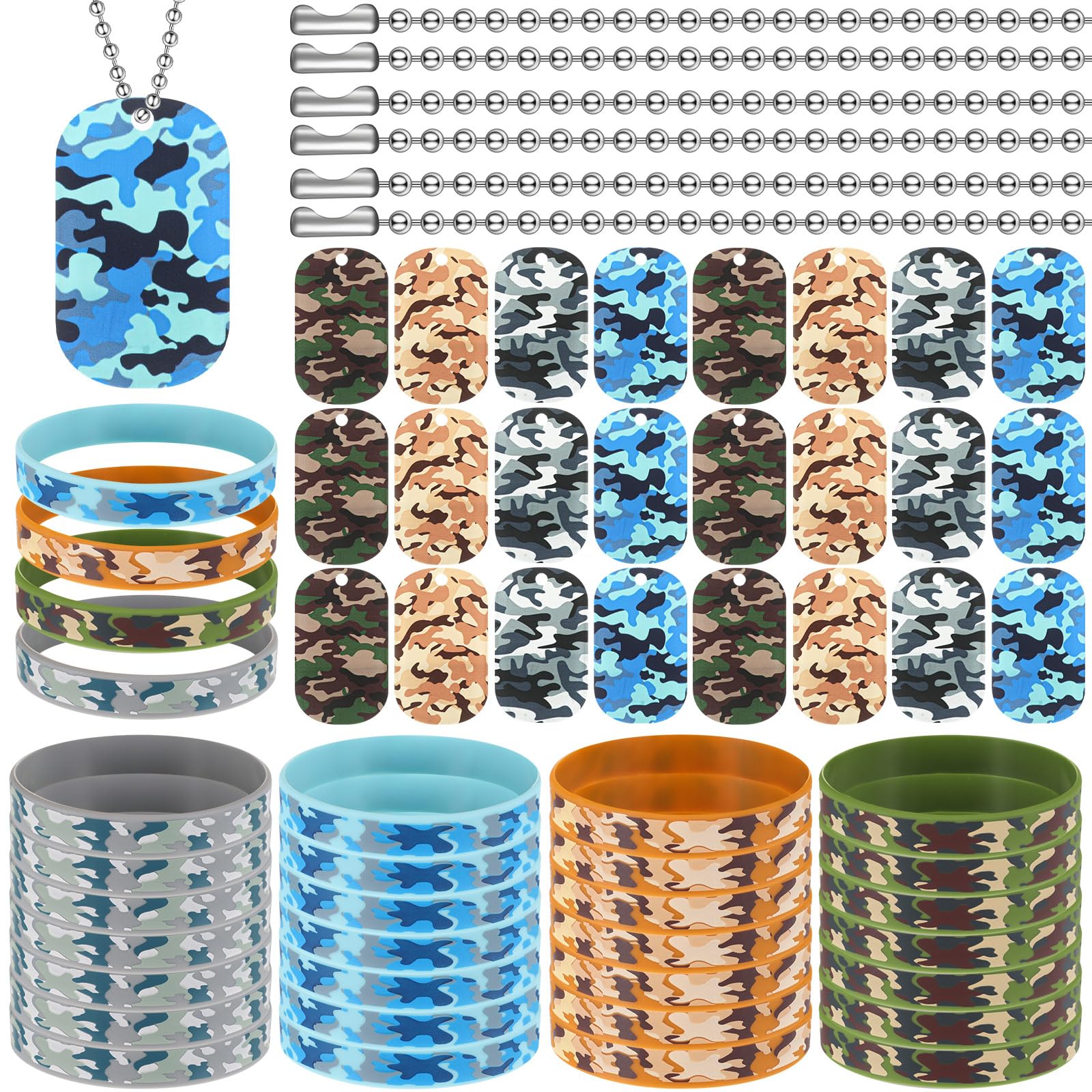 Inbagi camouflage dog tags set showing blue, green, gray, and brown colors for versatile party looks