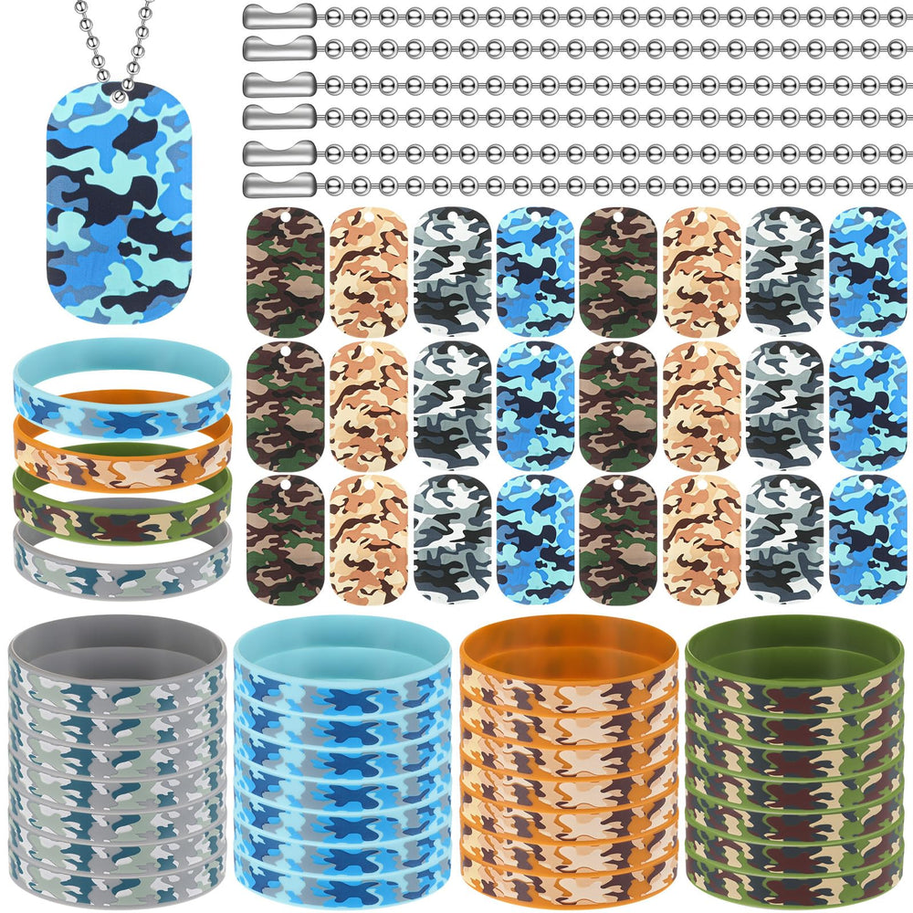 Inbagi camouflage dog tags set showing blue, green, gray, and brown colors for versatile party looks