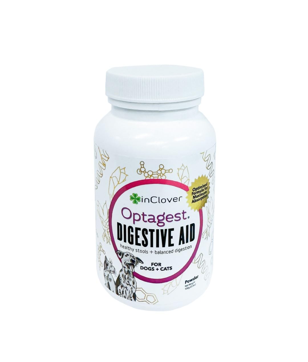 In Clover Optagest bottle-front with label highlighting organic prebiotics and enzymes for gut balance.
