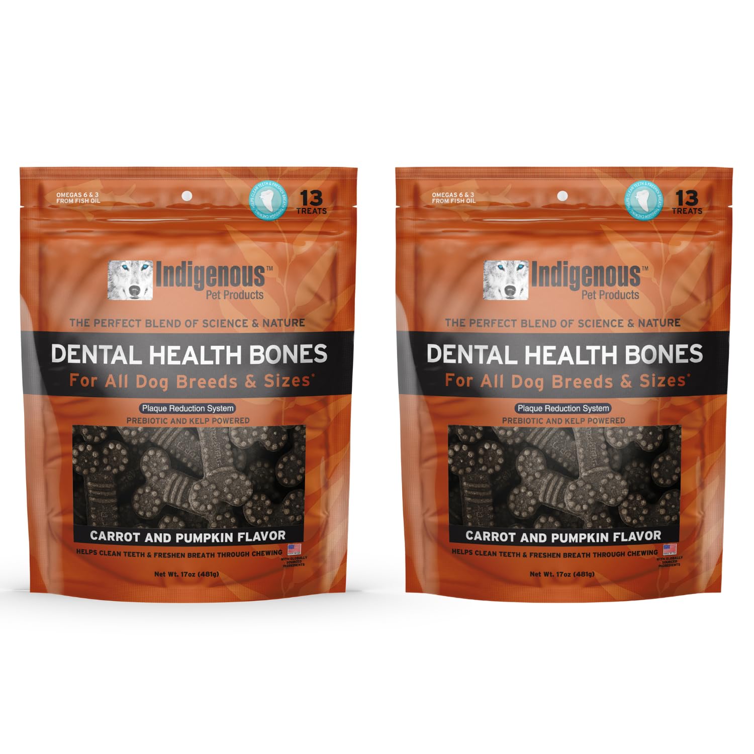 Indigenous Dental Health Bones carrot pumpkin bag front, tasty daily chew for dental care