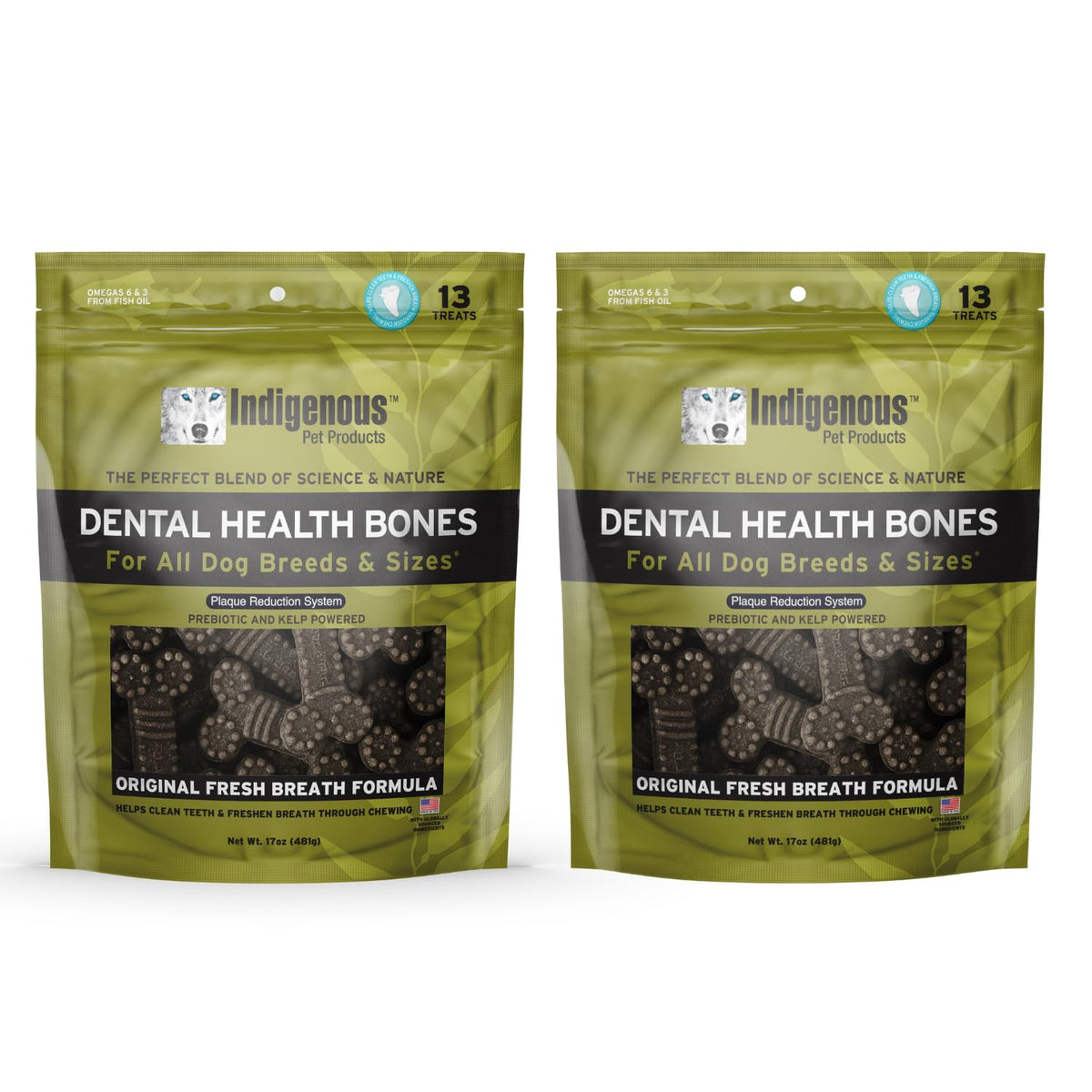 Indigenous Dental Health Bones two-pack front view promoting fresh breath