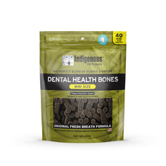 Indigenous Pet Dental Bones Mini original fresh breath pack shot showing a tasty chew.